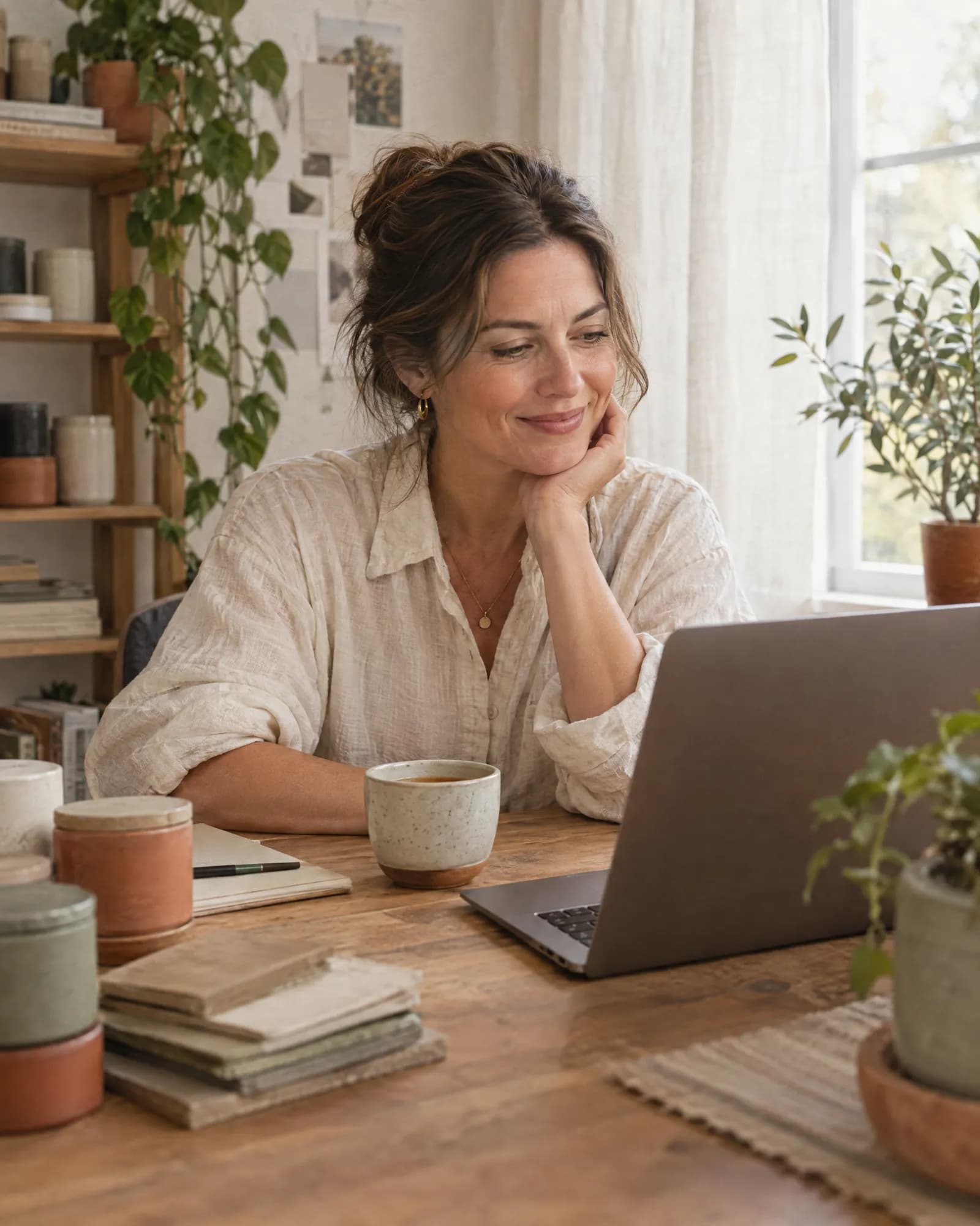 A client at her desk in the morning, reading on her laptop with a cup of tea