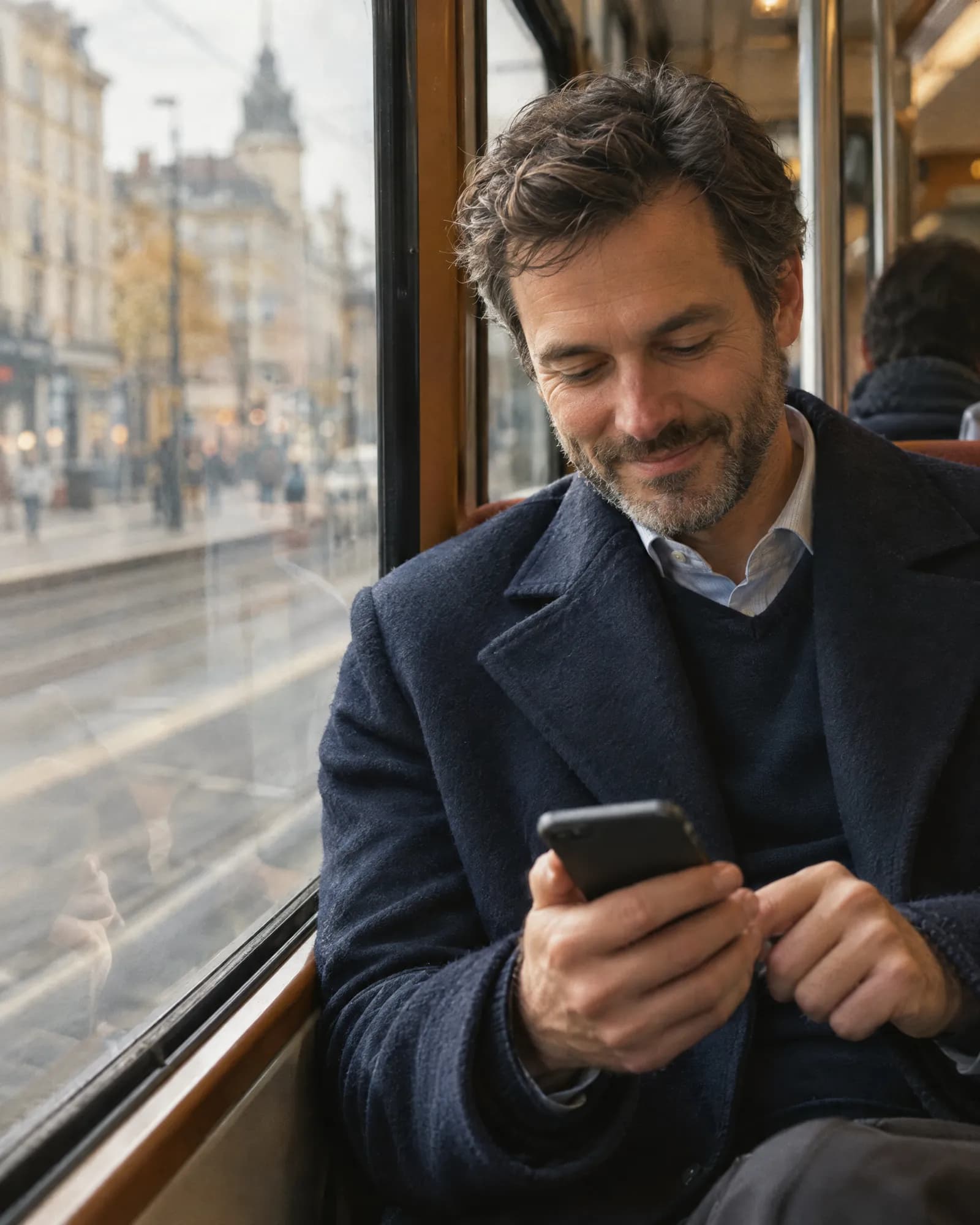 A client on a tram, smiling at his phone